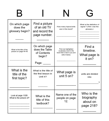 Textbook Scavenger Hunt Bingo Card
