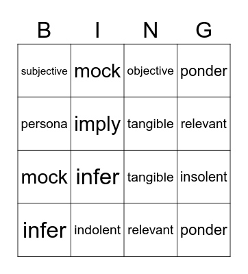 September Vocabulary Bingo Card