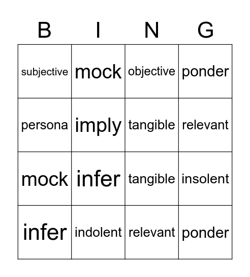 September Vocabulary Bingo Card