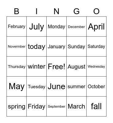 Days and Months Bingo Card