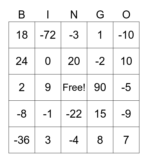 Integer Bingo Card