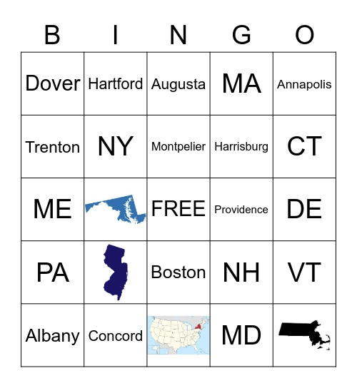 Northeast States and Capitals Bingo Card
