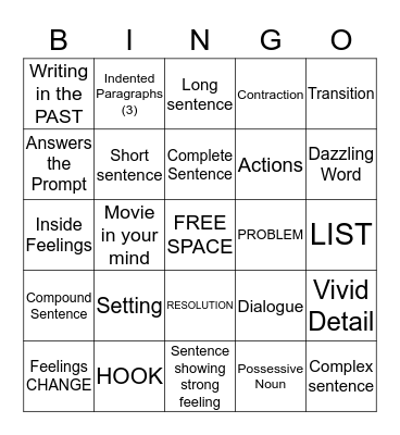 Narrative Writing Bingo Card