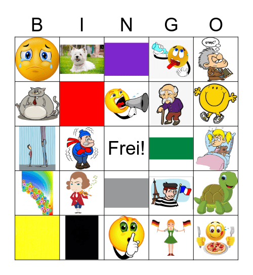 Farben, Nationalitäten, Adjektiven Bingo Card