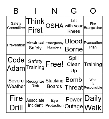 Safety Bingo Card