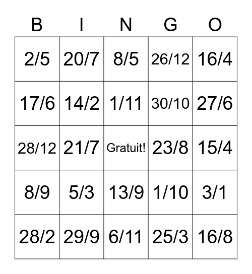 Les dates Bingo Card