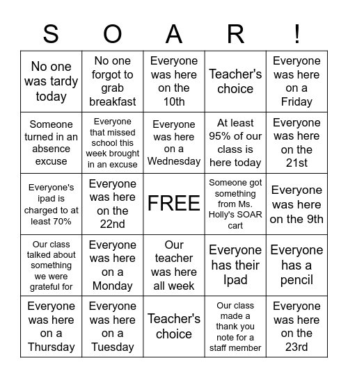 Attendance Bingo Card