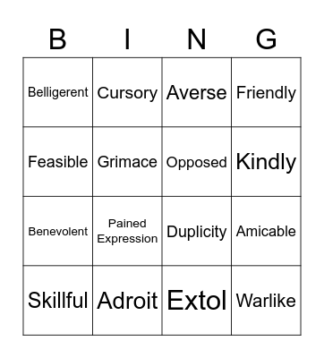 English 10 Vocabulary 2.1 Bingo Card
