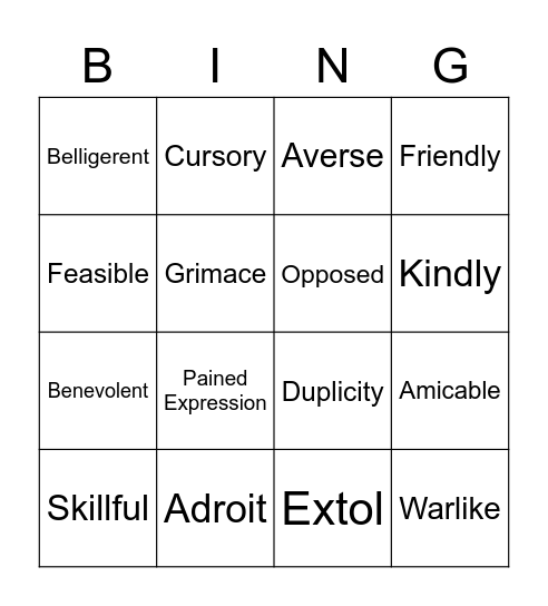 English 10 Vocabulary 2.1 Bingo Card