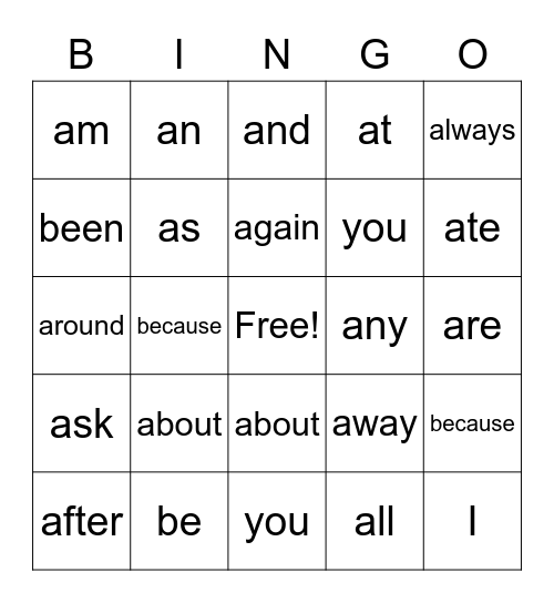 Sight Word Chant September Bingo Card