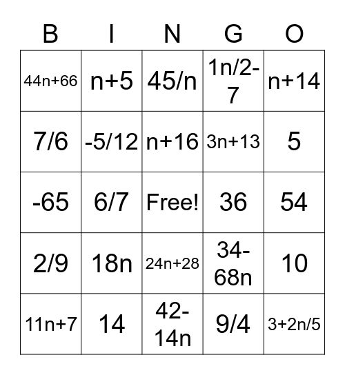 Algebra 1 Unit 0 & 1.1, 1.2 & 1.4 Bingo Card