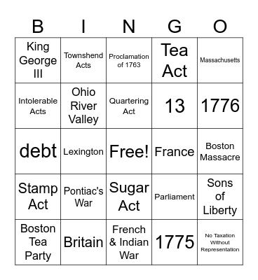 Road to Revolution Bingo Card