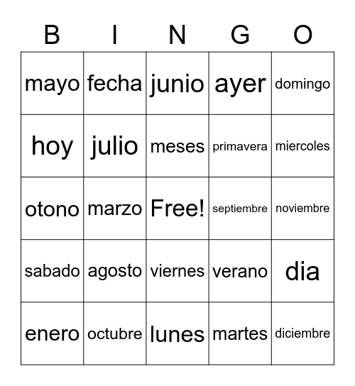 Dias, Meses, y Estaciones Bingo Card