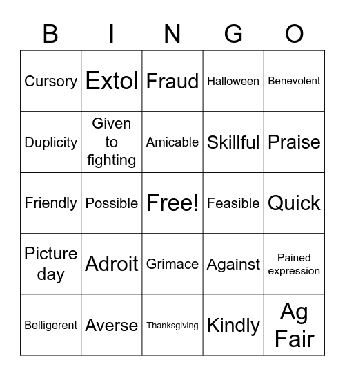 English 10 Vocabulary 2.1 Bingo Card