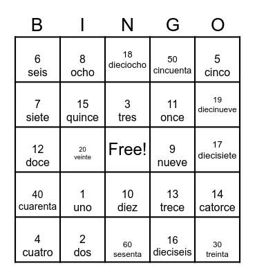 Numbers Bingo Card