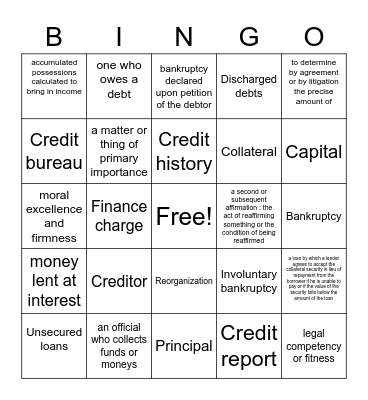 Financial Literacy Terms & Defs Bingo Card