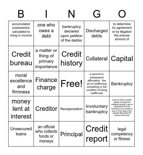 Financial Literacy Terms & Defs Bingo Card