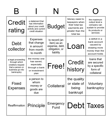 Financial Literacy Terms & Definition Bingo Card