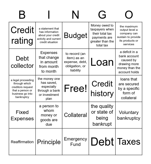 Financial Literacy Terms & Definition Bingo Card