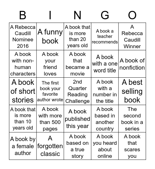 2nd Quarter Reading Challenge Bingo Card