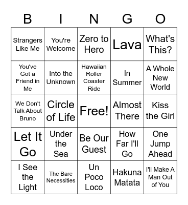 Disney Songs Bingo Card