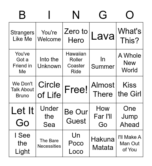 Disney Songs Bingo Card