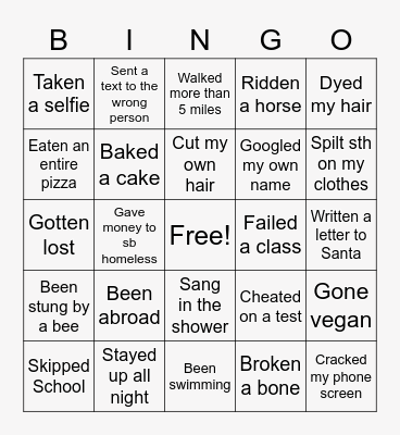 Never Have I Ever Bingo Card