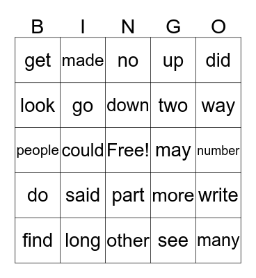 Sight Word Bingo Card