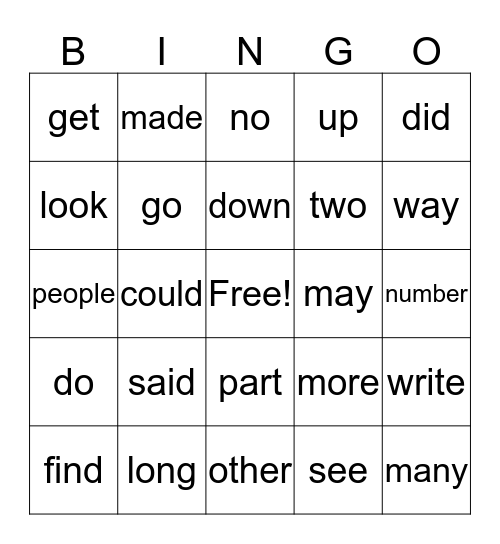 Sight Word Bingo Card