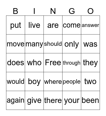 Monster Words Bingo Card