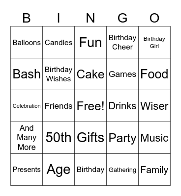 50th Birthday Bingo Card
