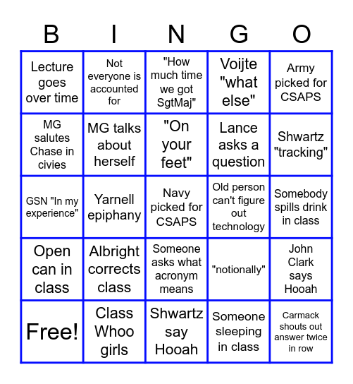 Bushwhacker Bingo Card