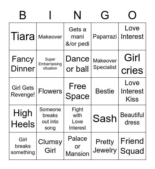Girly Movie Bingo Card