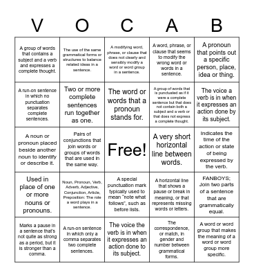 October:  Grammar Terms Bingo Card