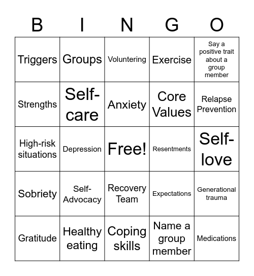 Mental Health Bingo Card