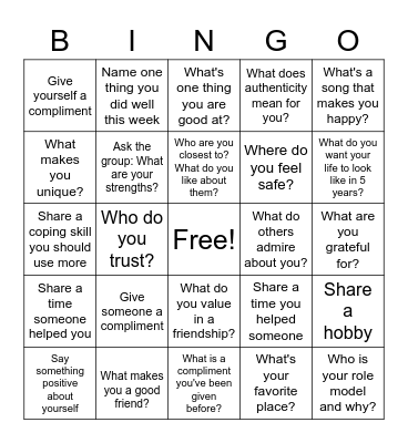 Self-Esteem Bingo Card