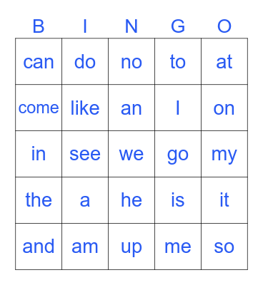 Sight Words Bingo Card