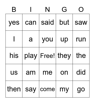 Sight Words Bingo Card