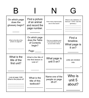 Textbook Scavenger Hunt Bingo Card