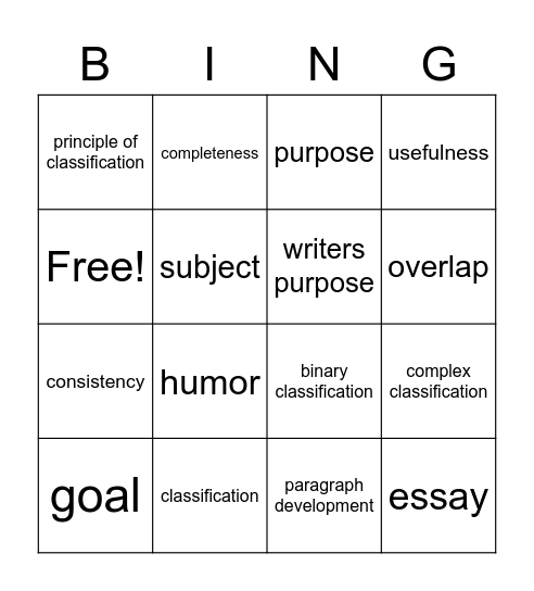 Classification Bingo Card