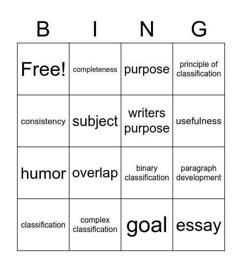 Classification Bingo Card