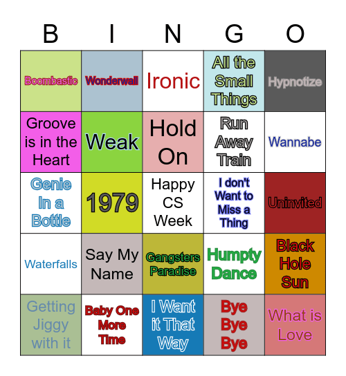 90s Songs Bingo Card