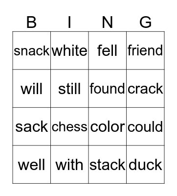 Spelling Word Bingo Card
