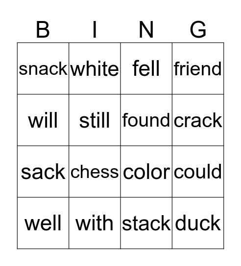 Spelling Word Bingo Card