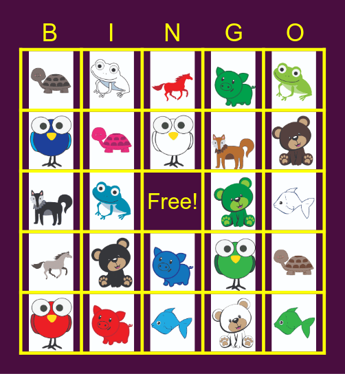 Colored Animals Bingo Card