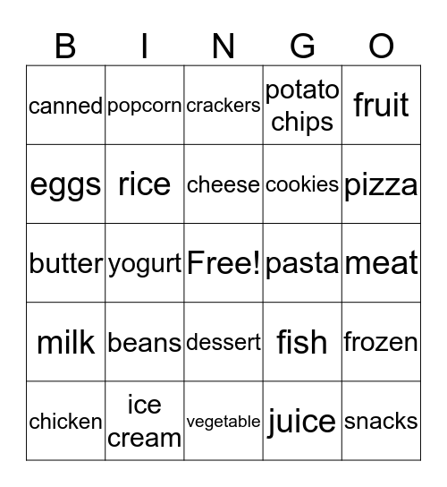 Words of the Week - Food Words Bingo Card