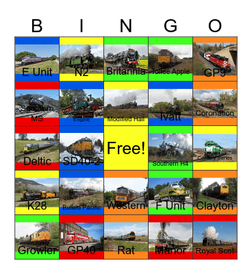 Purple, Green, Yellow and Red Locomotives Bingo Card
