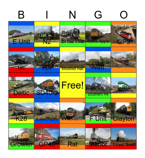 Purple, Green, Yellow and Red Locomotives Bingo Card
