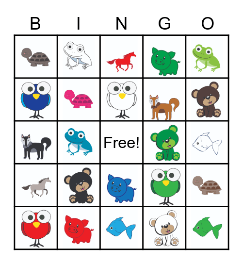 Colored Animals Bingo Card