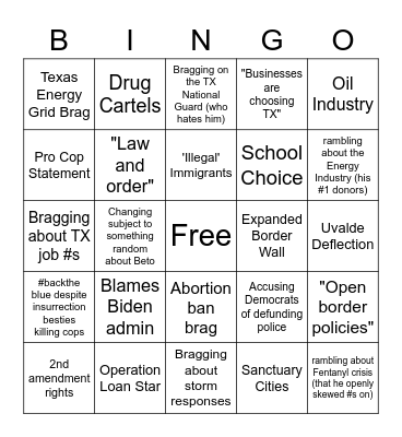TX Governor Debate BINGO for Democrats Bingo Card